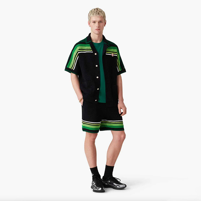 casablanca green stripe crochet knit camp collar short sleeve shirt & shorts